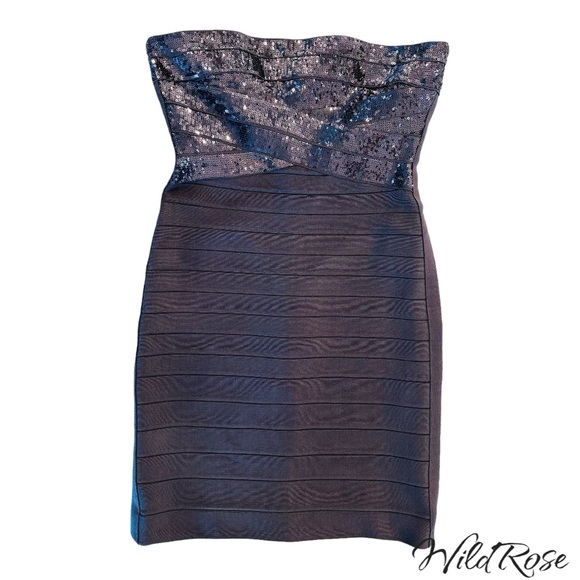 HERVE LEGER SHADOW (GRAY) SIMONE STRAPLESS SEQUINED BANDAGE DRESS SZ S - Picture 4 of 15